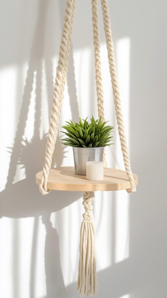 Macrame hanging shelf with natural wood board and cream cord holding a small plant and candle.