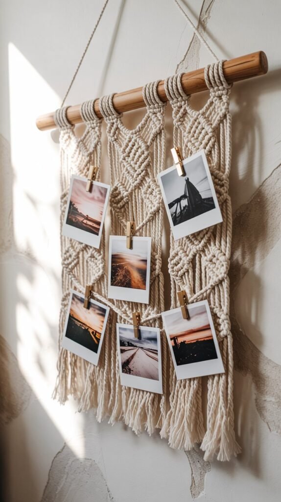 Macrame photo display on a wooden dowel hanging on a white textured wall, small clothespins holding Polaroid style photos.