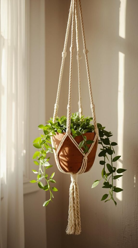 Macrame plant hanger with natural cotton rope holding a small ceramic pot, hanging near a sunny window.