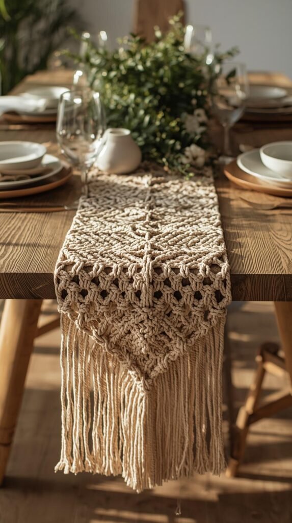 Macrame table runner stretched across a wooden dining table, intricate knotting.