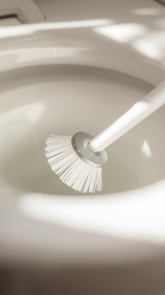 Macro shot of a toilet rim with a small angled brush cleaning underneath, bright and clean porcelain.