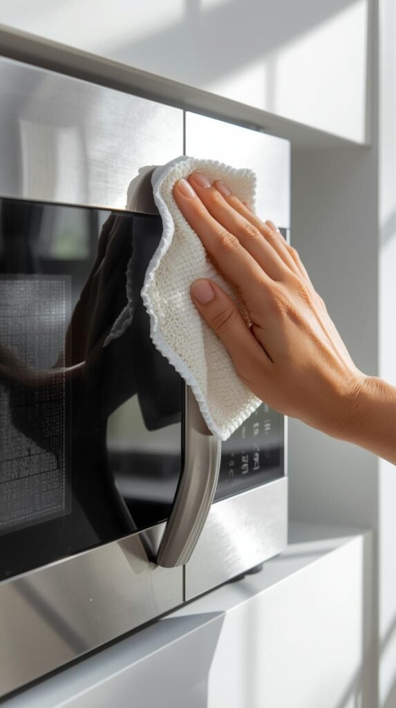 Microwave door and handle being wiped clean, streak-free glass, stainless steel finish, clean minimalist kitchen.