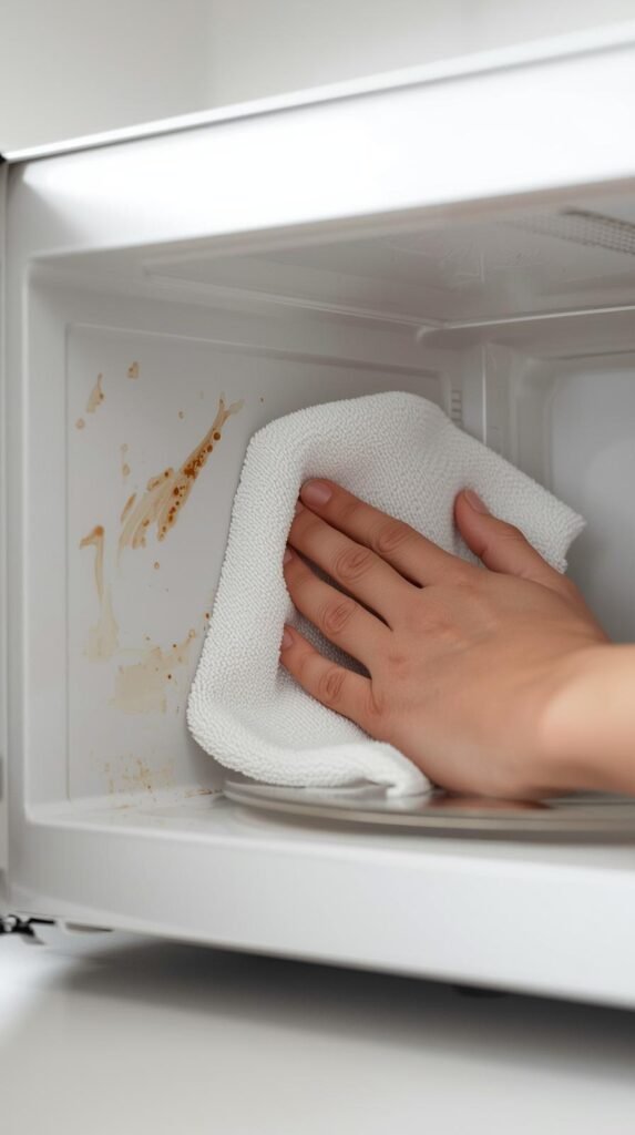 Microwave interior being wiped with a microfiber cloth, visible grease spots disappearing, soft neutral kitchen tones.