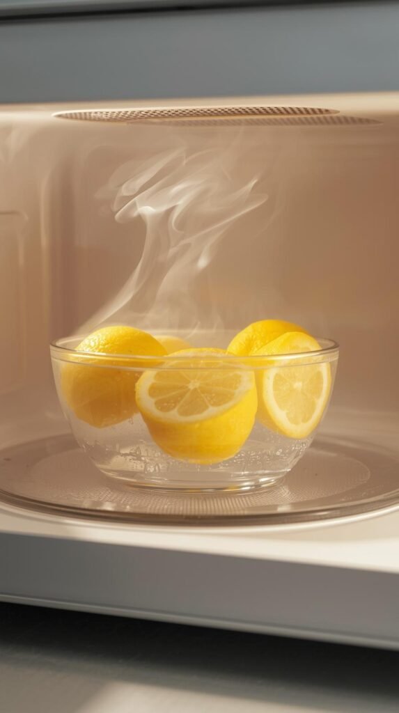 Microwave interior with a bowl of water and lemon slices, soft steam visible, fresh citrus vibe, clean neutral kitchen.