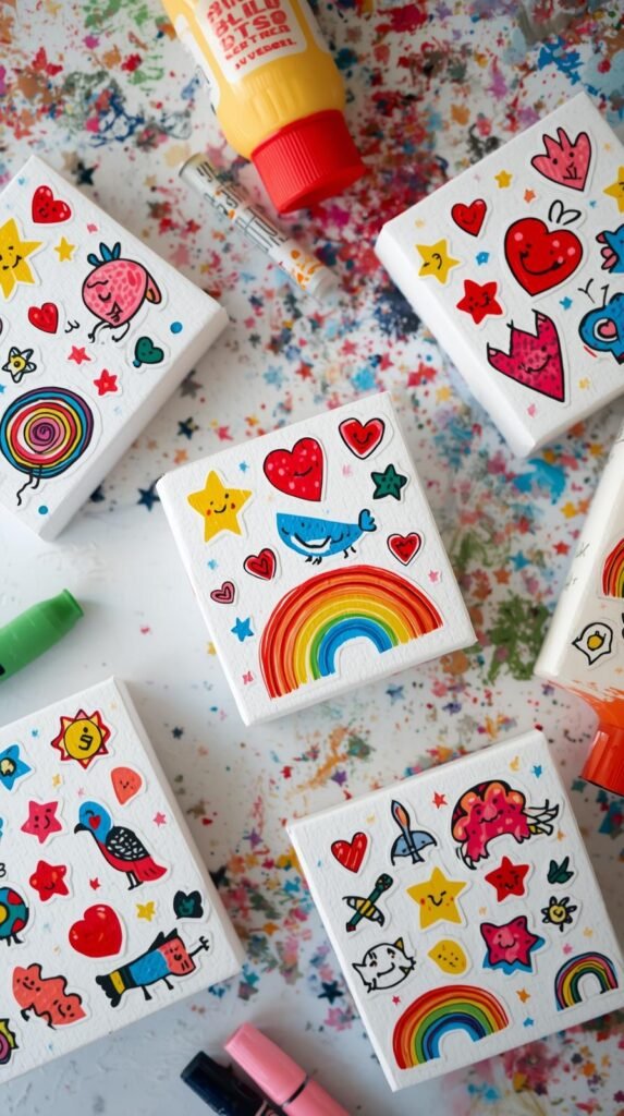 Mini canvases covered in colorful kid stickers, stars, hearts, animals, rainbow patterns, fun cluttered craft table background.