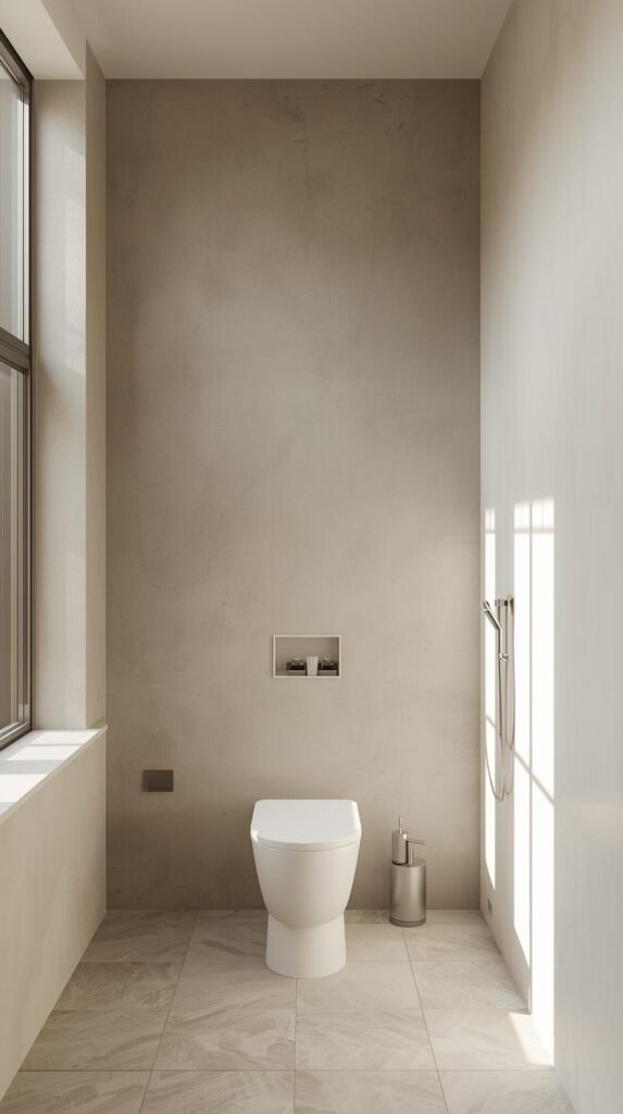 Minimalist bathroom or kitchen with a matte limewashed wall, subtle sealer sheen visible but soft, clean decor,