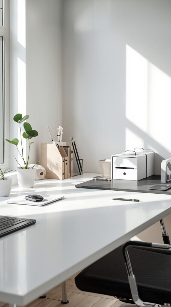Minimalist home office setup with a clear desk, file organizer, monitor stand, and neatly arranged supplies, natural window light, modern workspace.