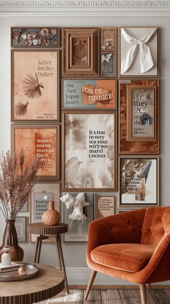 Mixed-style vision board with frames, photos, textured elements, 3D objects, and layered quotes, curated gallery feel, neutral and warm tones with pops of color