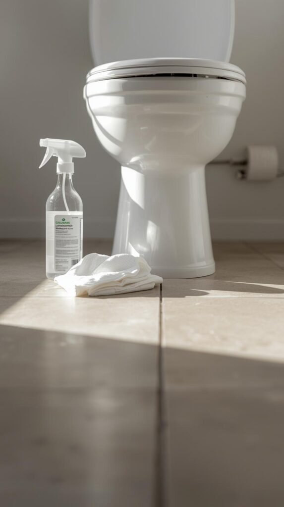 Modern bathroom floor scene showing cleaning around the base of a toilet, microfiber cloth and spray cleaner visible.