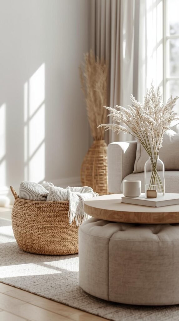 Modern cozy living room with decluttered surfaces, folded blankets in a decorative basket, simple décor on a coffee table, hidden storage ottoman.