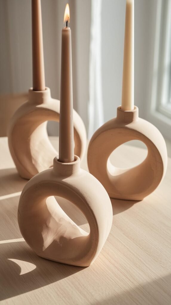 Modern sculptural air-dry clay candle holders in circular and spiral shapes. Neutral matte tones, smooth organic curves. 