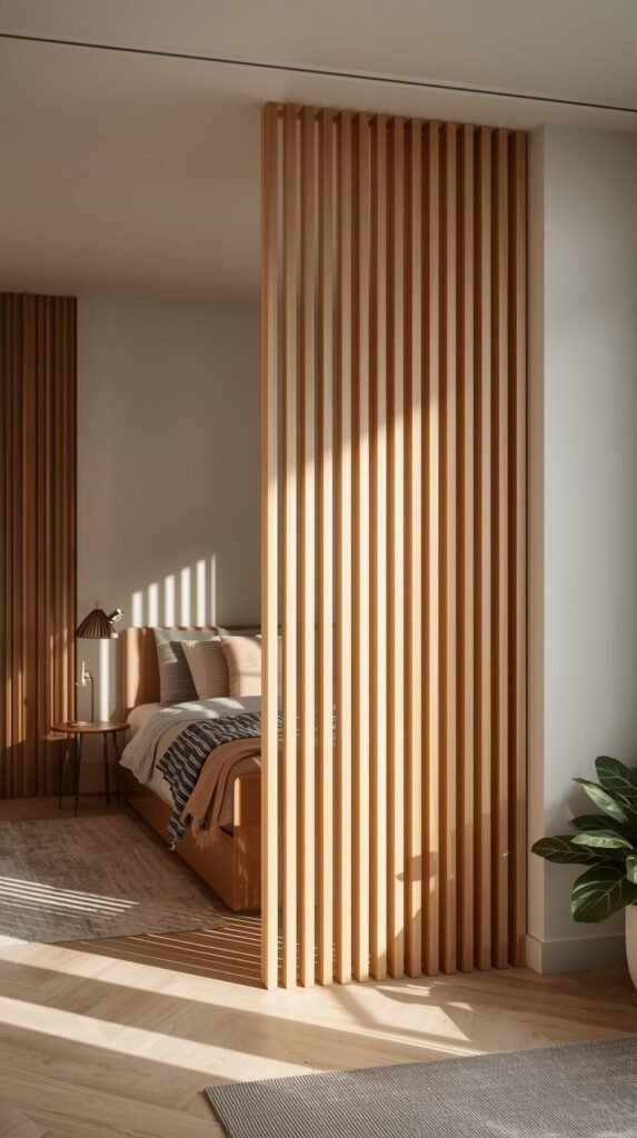 Modern slatted wood divider in a compact studio apartment, tall vertical wood slats with smooth natural finish.