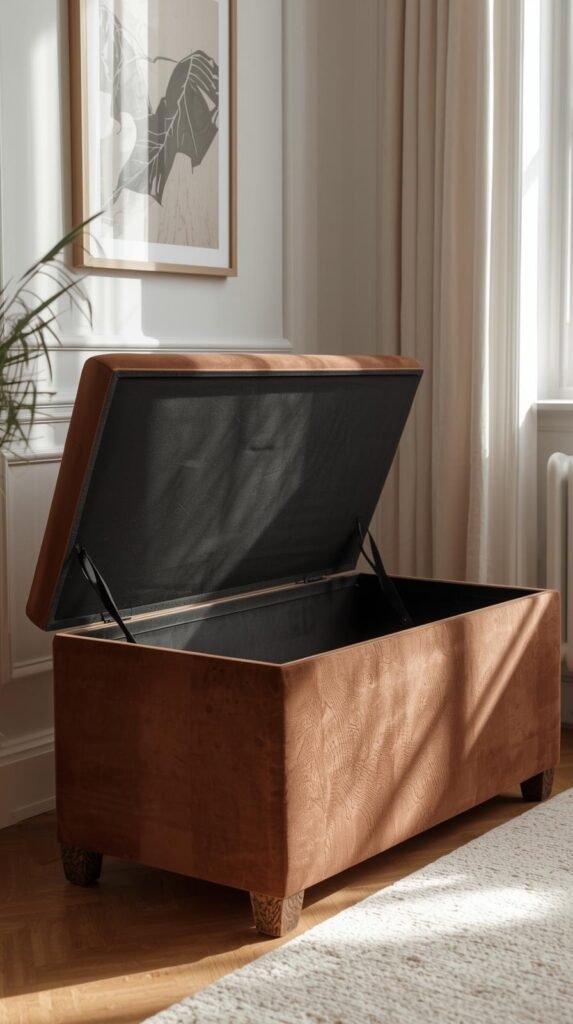Modern storage ottoman bench in a small apartment setting, lid slightly open to reveal hidden storage, brown upholstery.