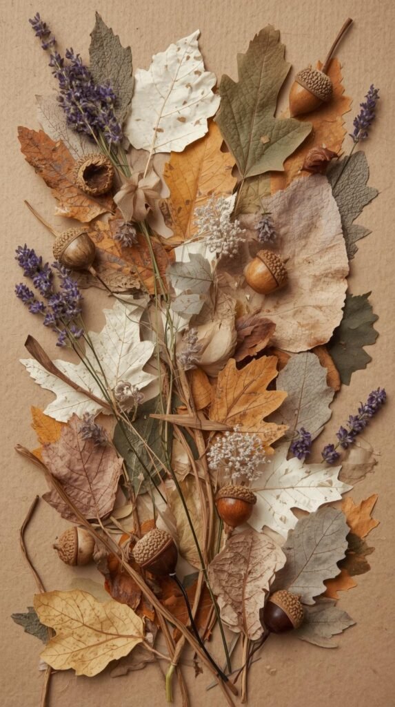 Nature collage with leaves, acorns, dried flowers, and sticks glued onto cardboard, earthy tones, neutral calming aesthetic.