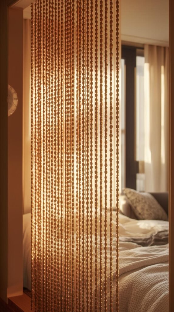 Colorful hanging bead curtain divider with wooden and acrylic beads, sunlight creating sparkles on the strands.