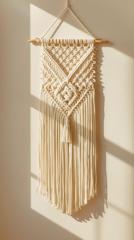 Neutral macrame wall hanging with a diamond knot pattern centered on a wooden dowel, long cream cotton fringe.