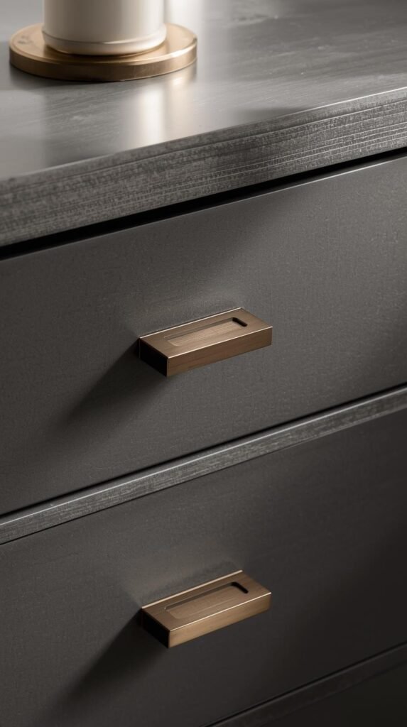 Nightstand drawer with upgraded hardware_ brass pulls, matte black handles, or leather tabs; clean minimalist styling