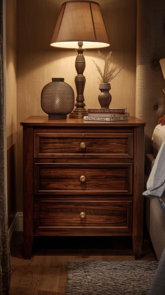 Nightstand freshly stained in a walnut or espresso tone, rich wood grain highlighted with soft directional lighting.1