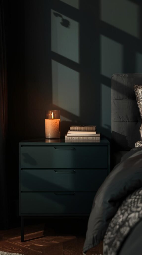 Nightstand painted in a deep moody color like charcoal or forest green, smooth satin finish, styled with a candle and books, dramatic shadows.