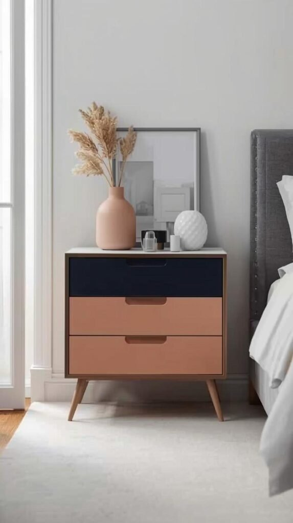 Nightstand painted in two contrasting tones, crisp painter’s tape lines, bold modern color combo, styled with minimal decor.