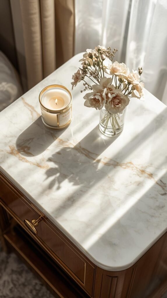 Nightstand with marble or faux-marble top surface, soft reflections, clean styling with a candle and flowers.