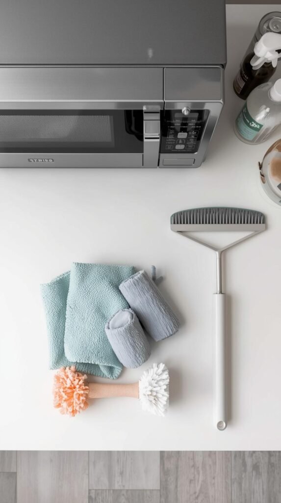 Non-scratch cleaning tools laid out neatly next to a microwave, no harsh chemicals visible, clean countertop