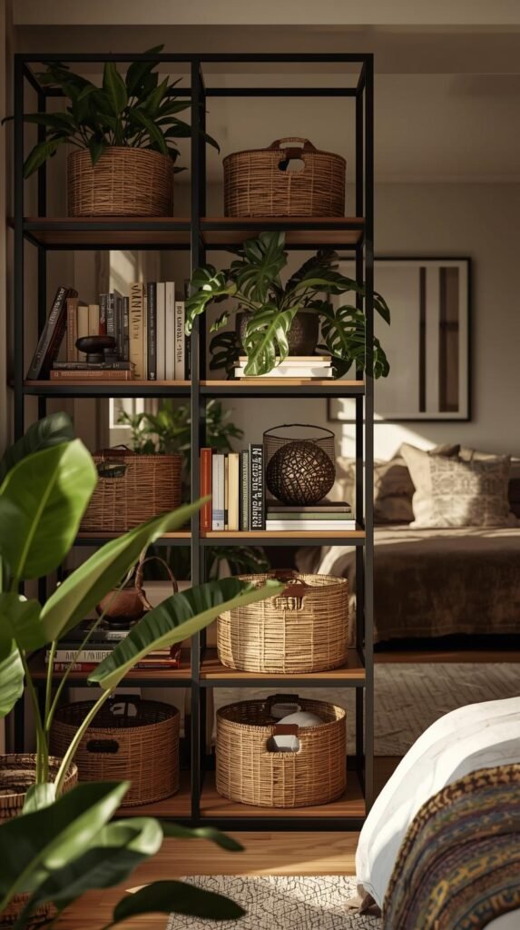 Open bookshelf divider styled with baskets, books, and plants, separating living and sleeping areas.