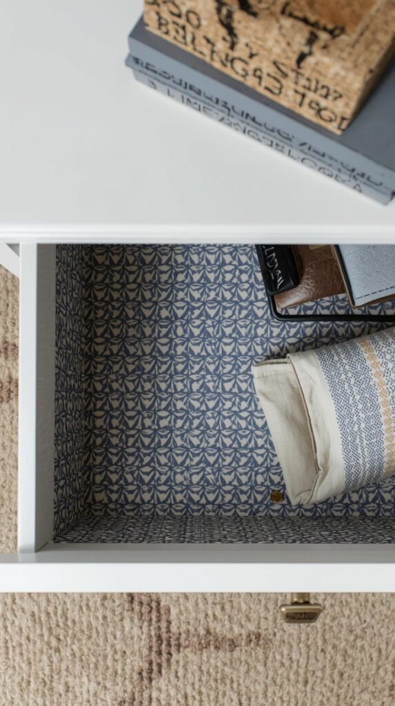 Open nightstand drawer lined with patterned peel-and-stick wallpaper, bold or subtle design, neatly arranged items inside.