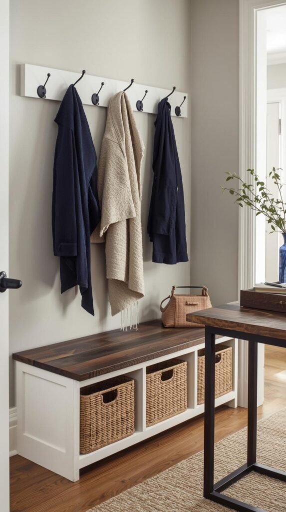 Organized entryway with wall hooks, a storage bench, labeled baskets, and a small catchall tray on a console table.