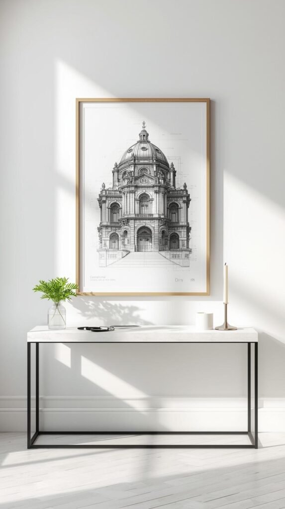 Oversized black-and-white poster print of an architectural sketch in a simple oak wood frame, hanging on a white wall.