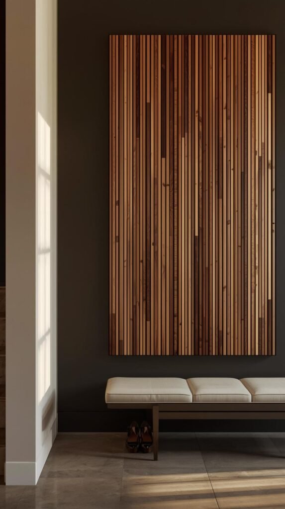 Oversized wood slat art panel on a wall, vertical wood slats in varying tones of natural oak, walnut, and light ash, mounted on a dark backing for contrast