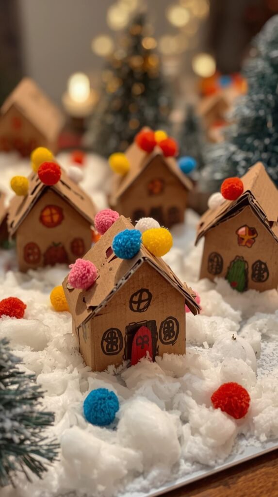 Painted cardboard house shapes decorated with pom-poms, cotton “snow,” and markers, displayed as a tiny winter village.
