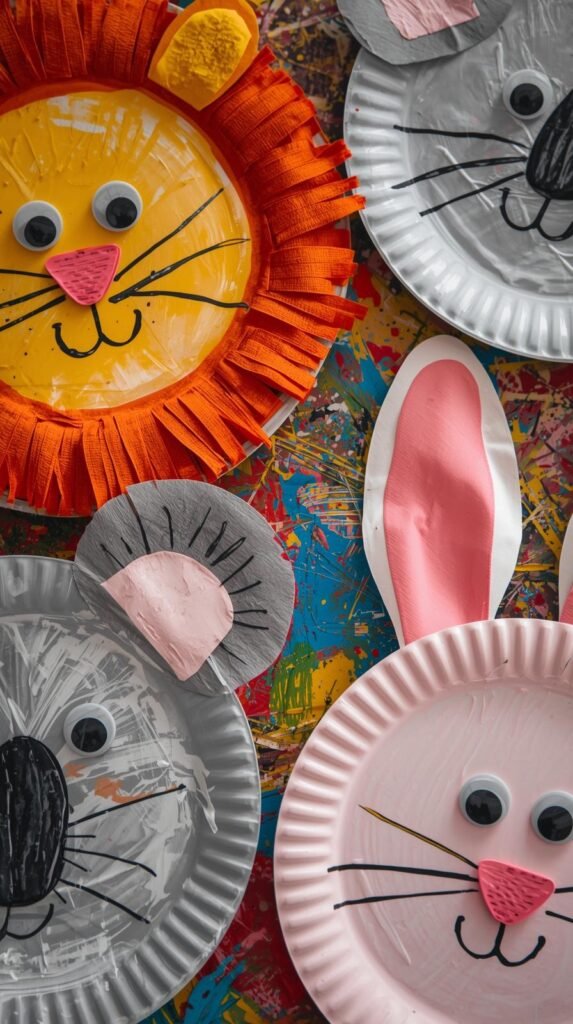Paper plate animal crafts laid out on a kids’ craft table, painted lion, koala, and bunny faces with foam ears and googly eyes, vibrant acrylic paint textures.