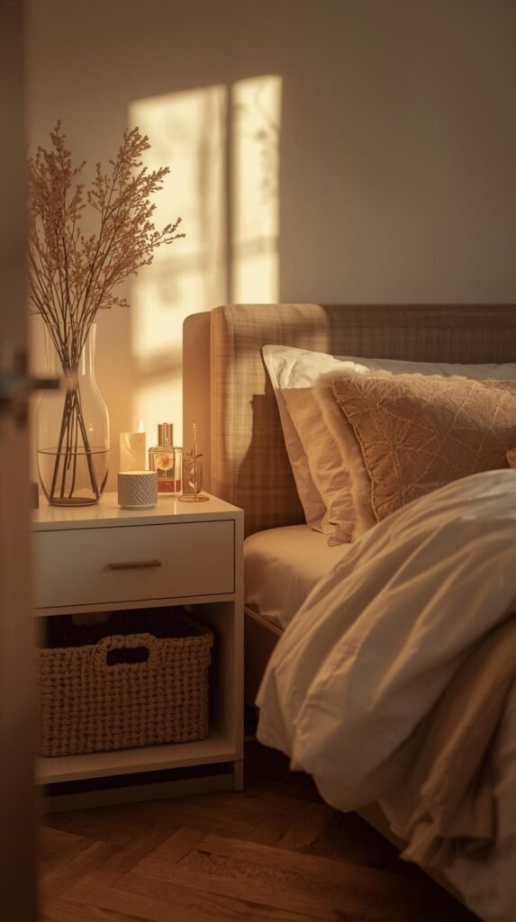 Peaceful bedroom scene with clear nightstands, soft bedding, minimal décor, warm lighting, underbed storage baskets partially visible.
