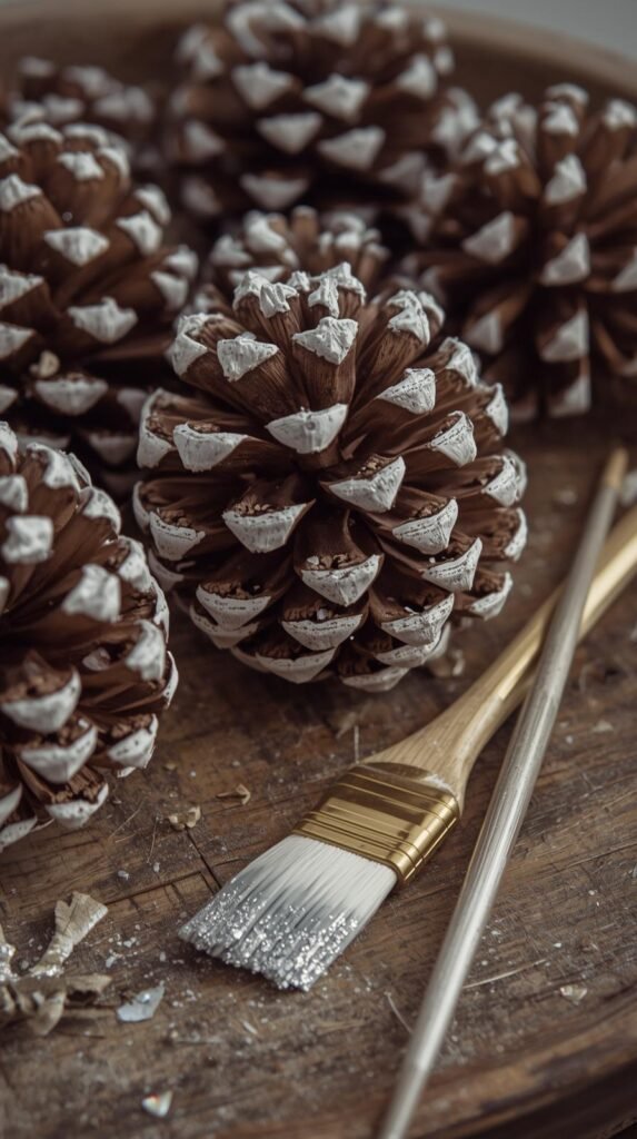 Pinecones partially brushed with white paint and sprinkled with glitter, sitting on a tray with paintbrushes.
