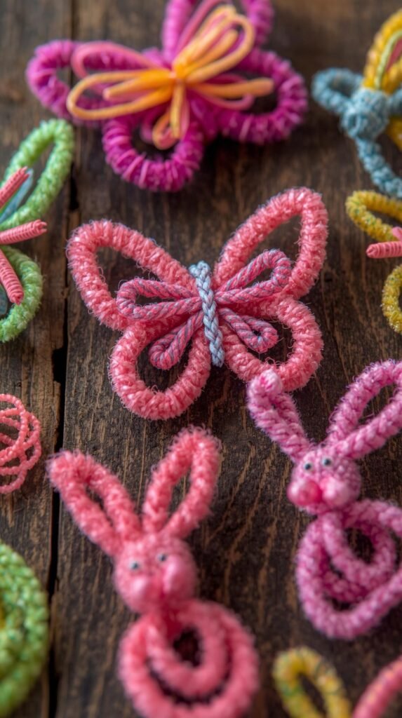 Pipe cleaner animals shaped like butterflies and bunnies, vibrant twists of neon and pastel pipe cleaners, textured close up shot on wood surface.