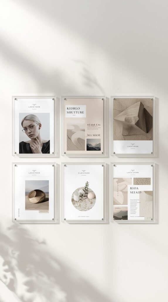 Printed Canva-style mood board templates displayed on a clean wall with acrylic frames, minimalist modern design, muted neutrals