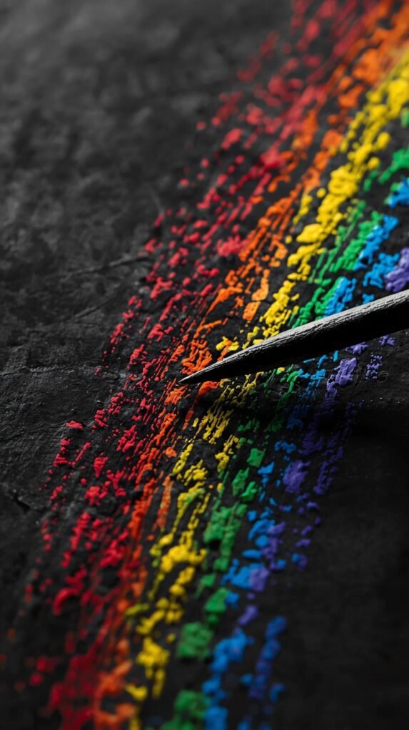 Rainbow scratch art sheet with bright colors showing through black crayon, toothpick stylus beside it, dramatic contrast and close detail.