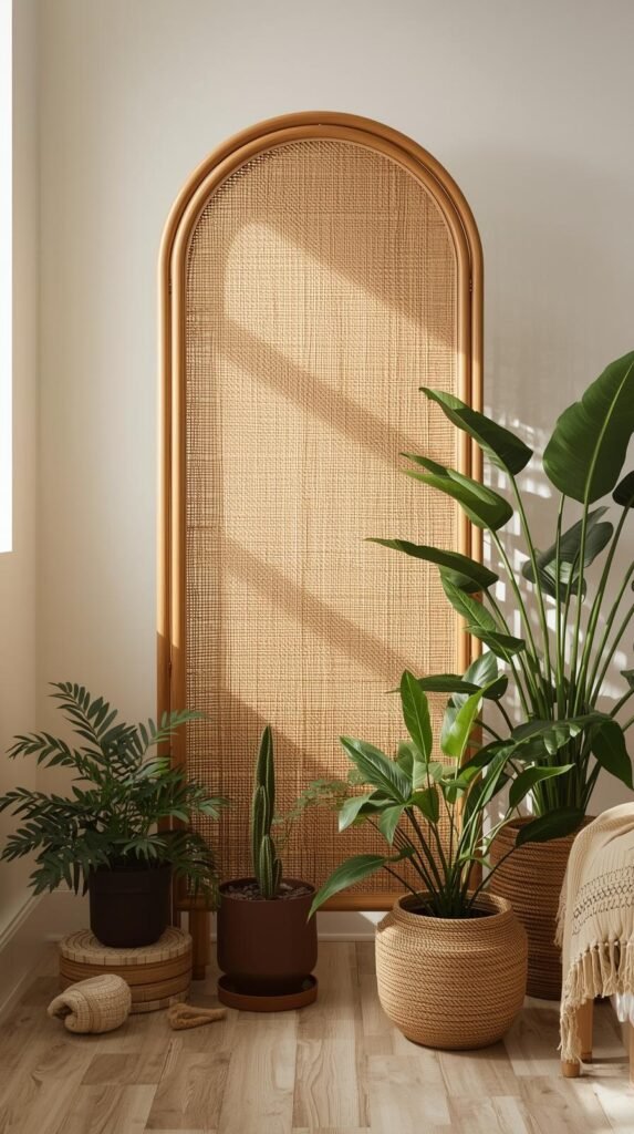 Rattan cane webbing privacy screen with wooden frame, warm boho-modern style