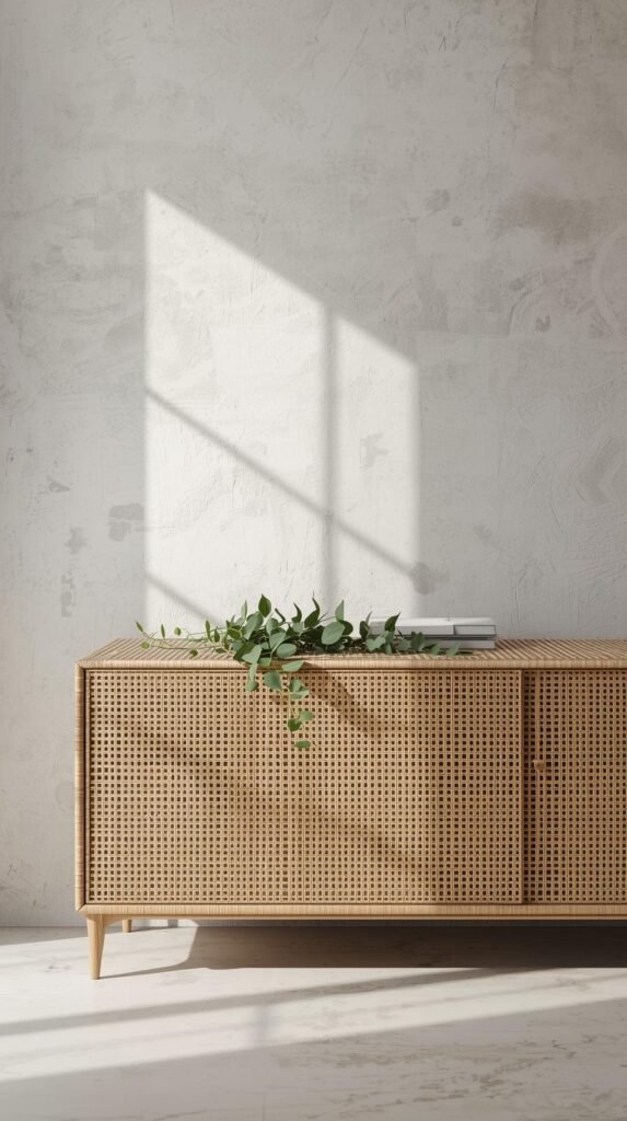 Rattan sideboard with clean modern lines, styled against a neutral wall, subtle greenery on top, soft morning light.