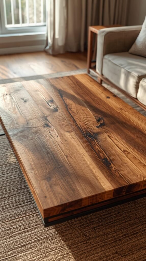 Reclaimed wood coffee table with visible natural grain, placed in a minimal living room, warm earthy tones, soft window light, organic textures.