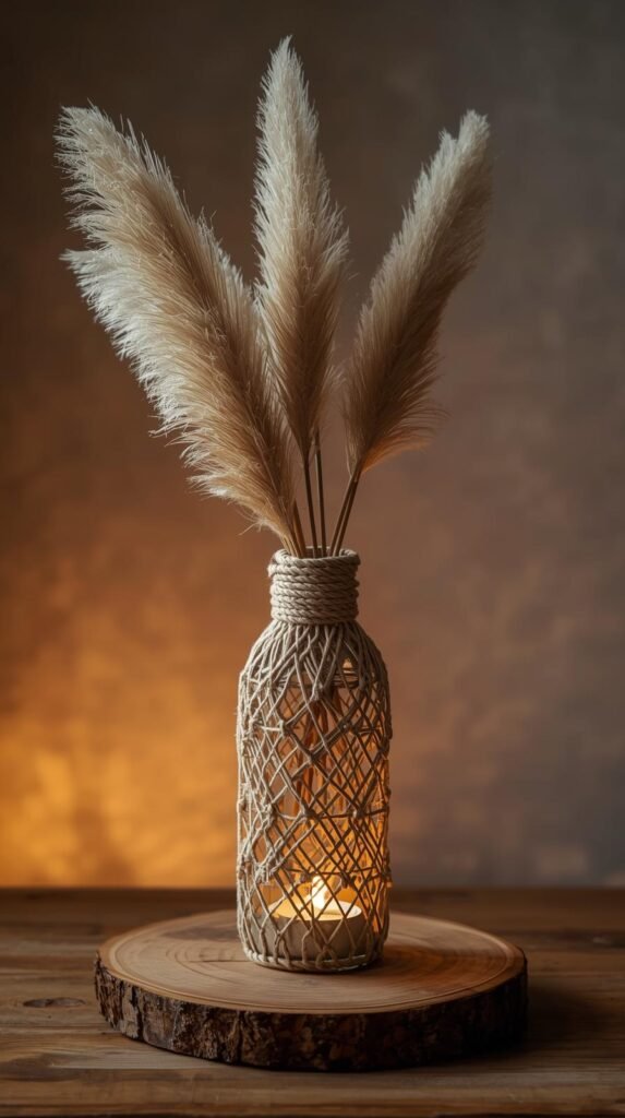 Recycled glass bottle wrapped in macrame cord holding pampas grass.