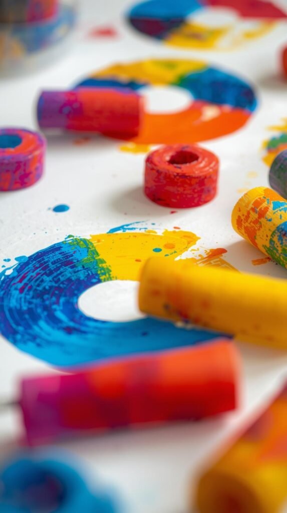 Round paint stamp marks made using pool noodle pieces, bold primary colors on white paper, pool noodle stampers resting beside artwork.