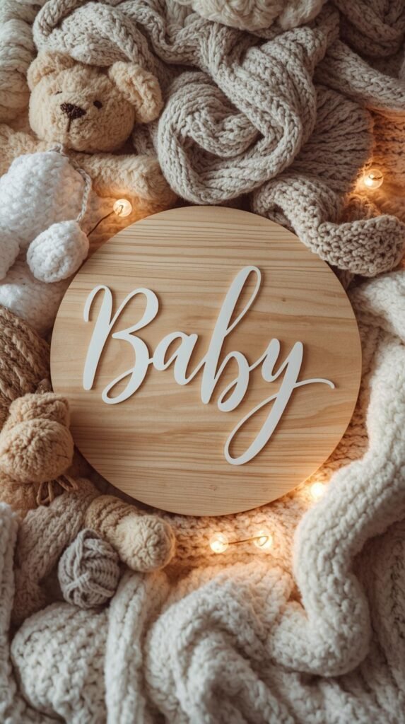 Round wooden baby name sign with pastel vinyl lettering. Styled in a nursery setting with soft blankets, plush toys, and gentle warm lighting.