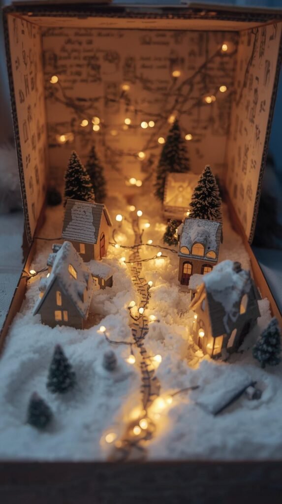 Shoebox turned into a tiny winter village with paper houses, cotton snow, and optional mini-lights, cozy miniature world.