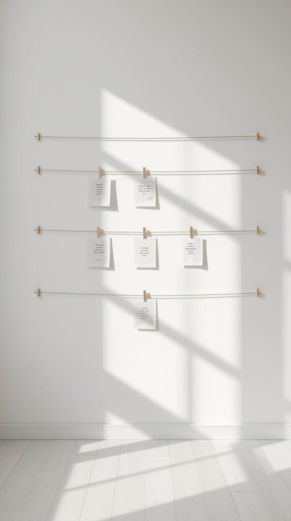 Simple Scandinavian-style 3 row string lines across a wall with clipped minimalist prints and quotes hanging evenly, bright natural lighting
