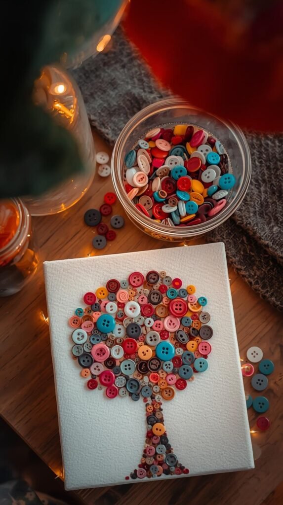 Small canvas with a colorful button tree design, buttons arranged neatly in different sizes.
