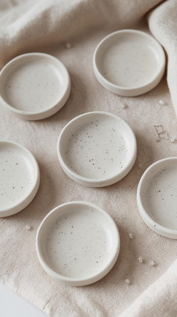 Small round air dry clay trinket dishes with speckled paint finish. Soft matte texture, off-white ceramic look, subtle shadows, styled on a linen cloth. Jewelry pieces nearby for scale. 
