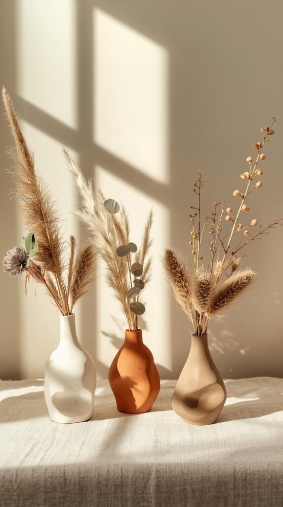 Small sculptural bud vases made from air dry clay with organic, imperfect shapes. Matte earthy tones. Dried florals inside each vase.