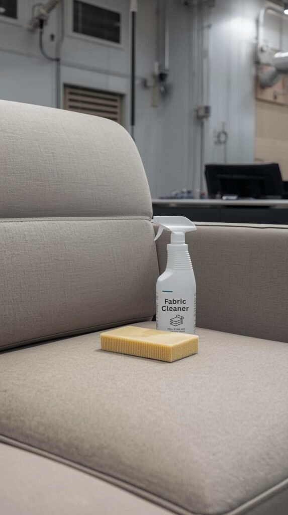 Solvent cleaner and dry-cleaning sponge on a modern fabric sofa, well-lit workspace with ventilation, soft beige upholstery